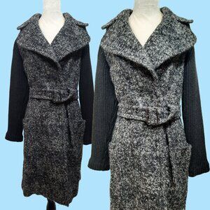 Burberry London Grey Belted Coat Black Knit Sleeves Wool Mohair Alpaca US Size 2